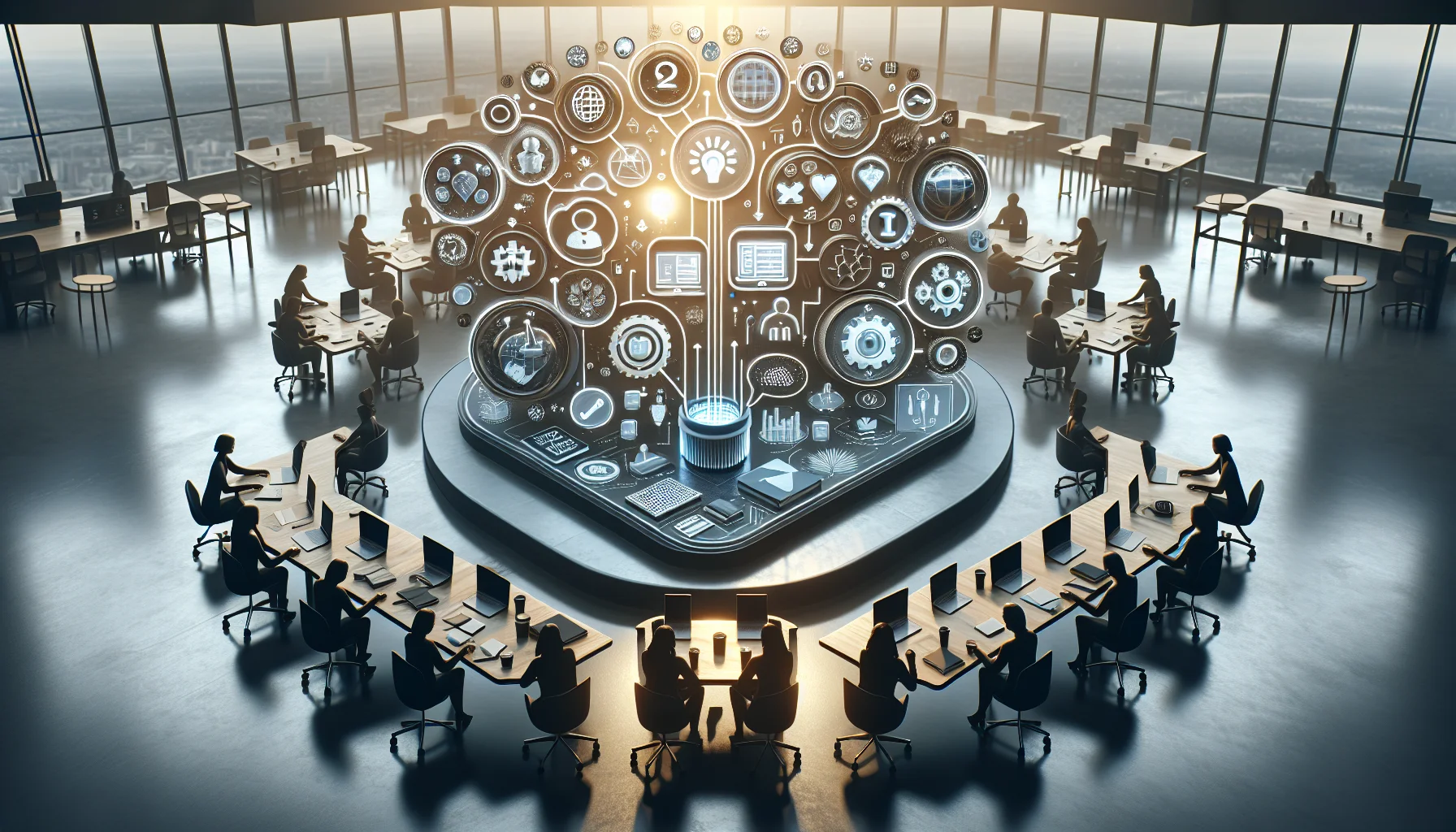 Executives reviewing peer-to-peer learning platform roadmap on tablet