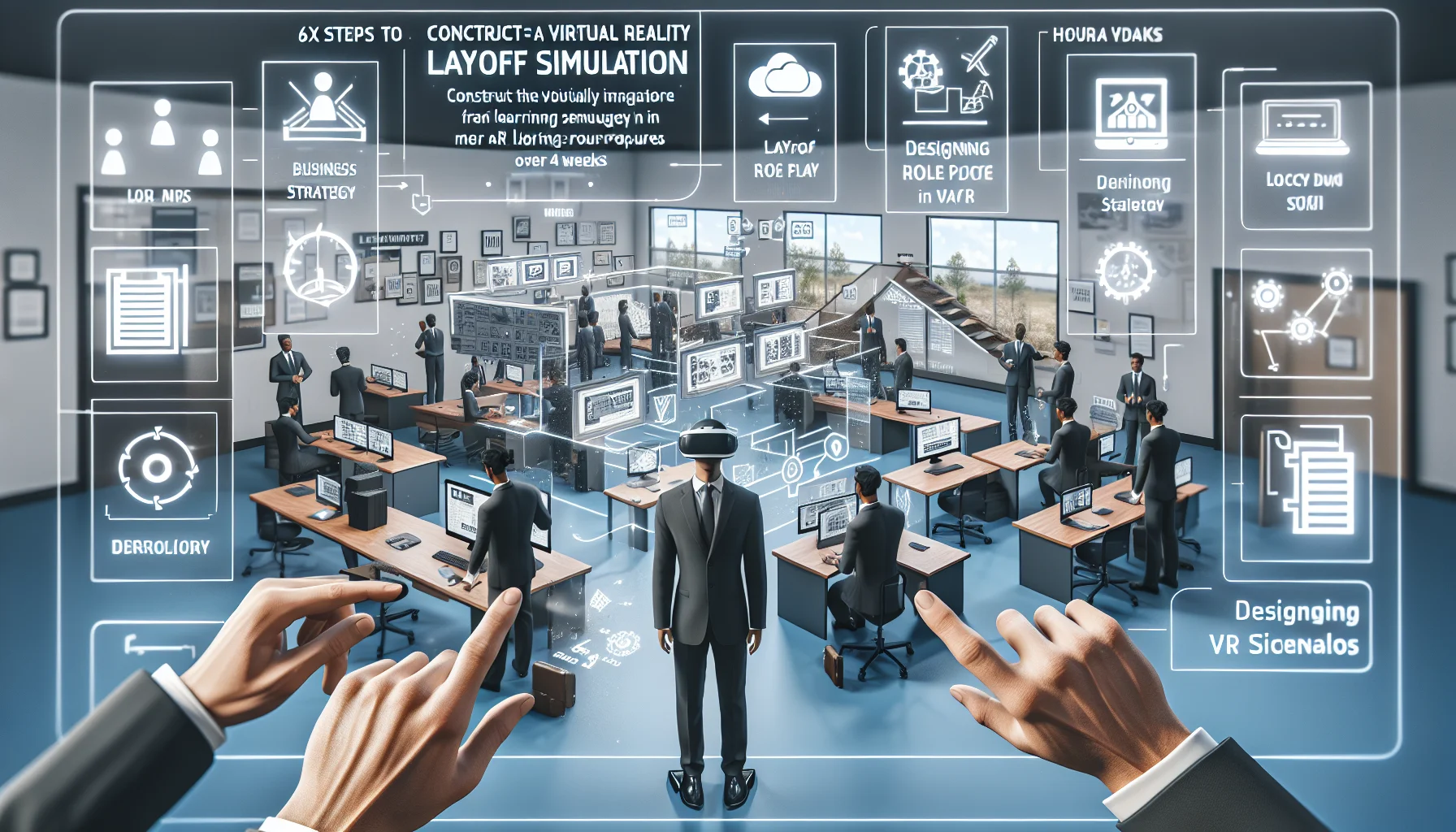 HR leader testing VR layoff simulation in training room