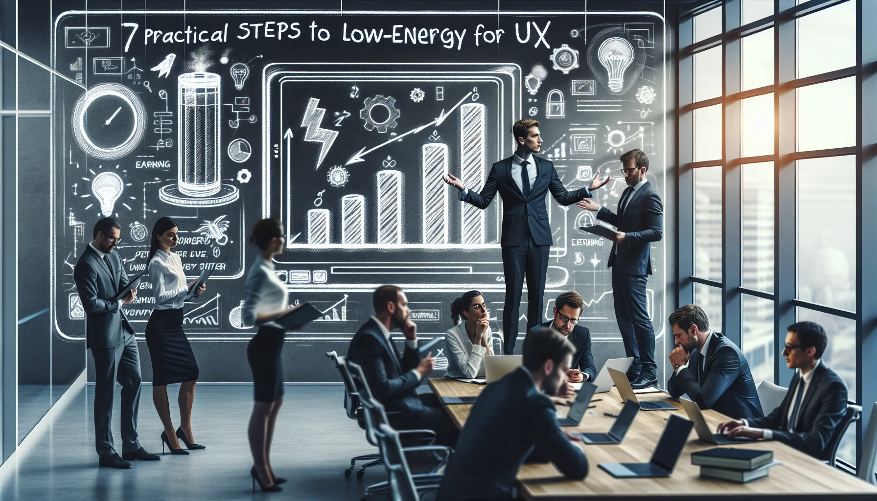 Design team reviewing low-energy UX optimizations on laptop
