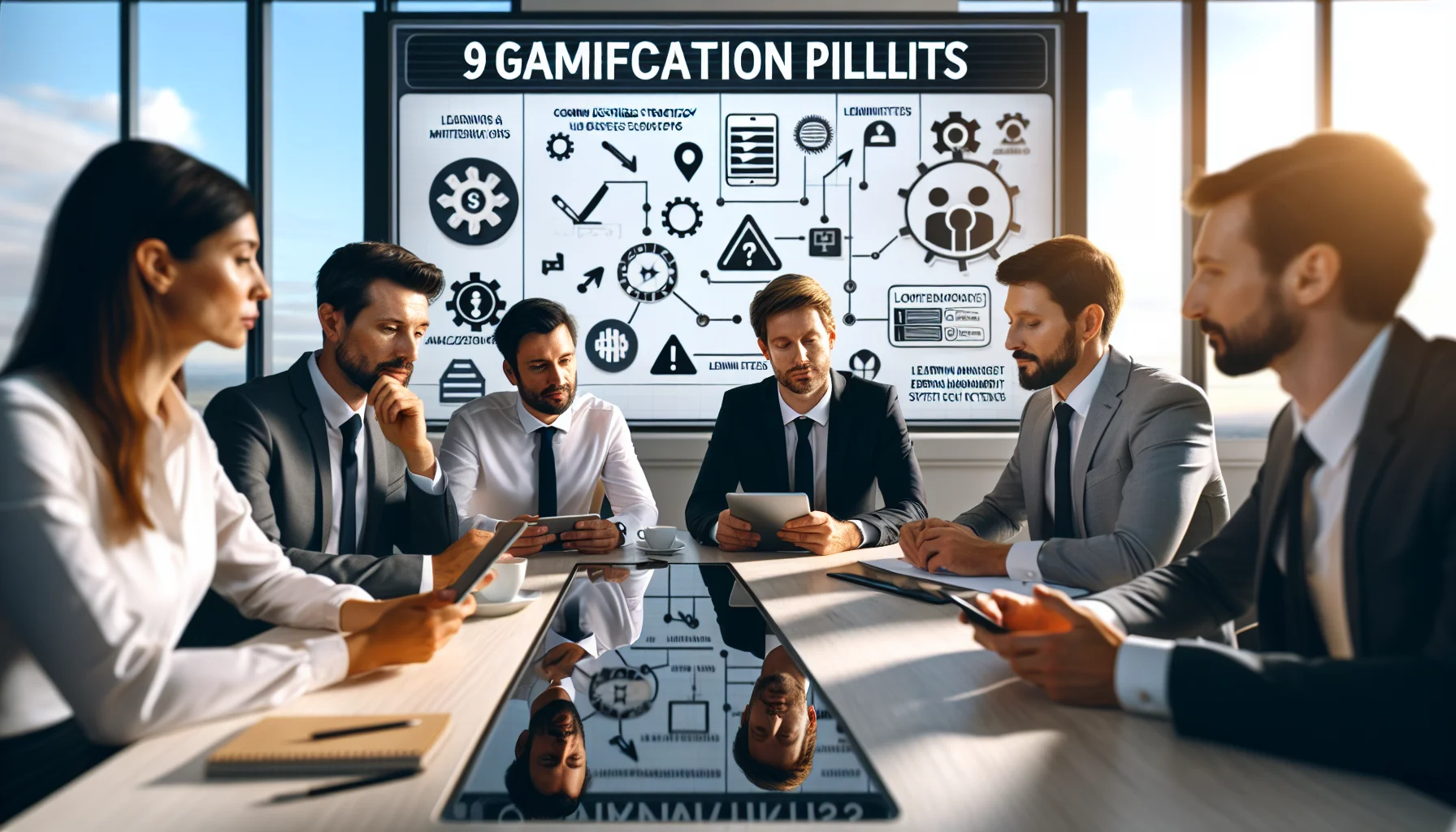Team reviewing gamification pitfalls LMS dashboard and checklist