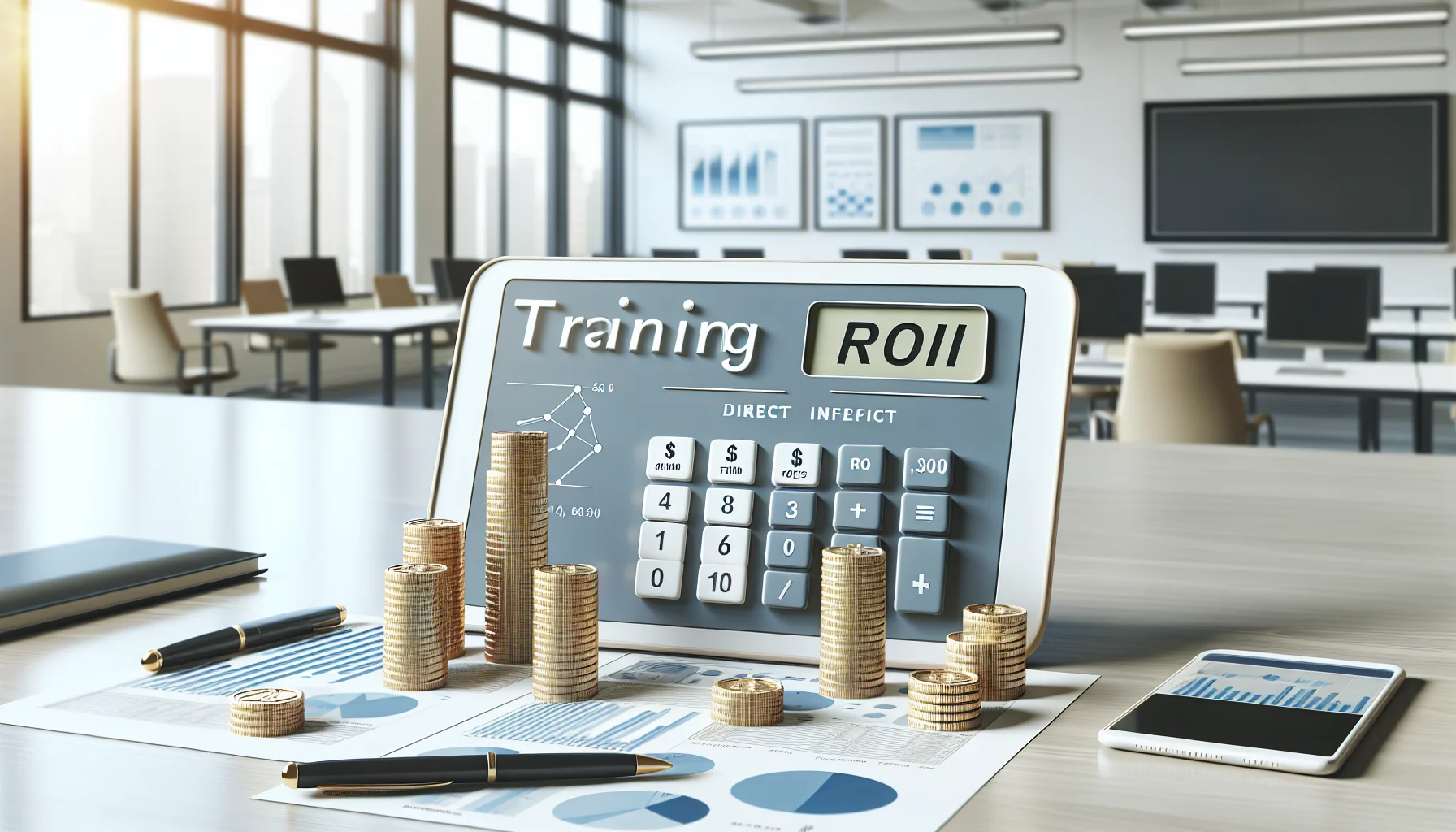 Manager using training ROI calculator spreadsheet on laptop