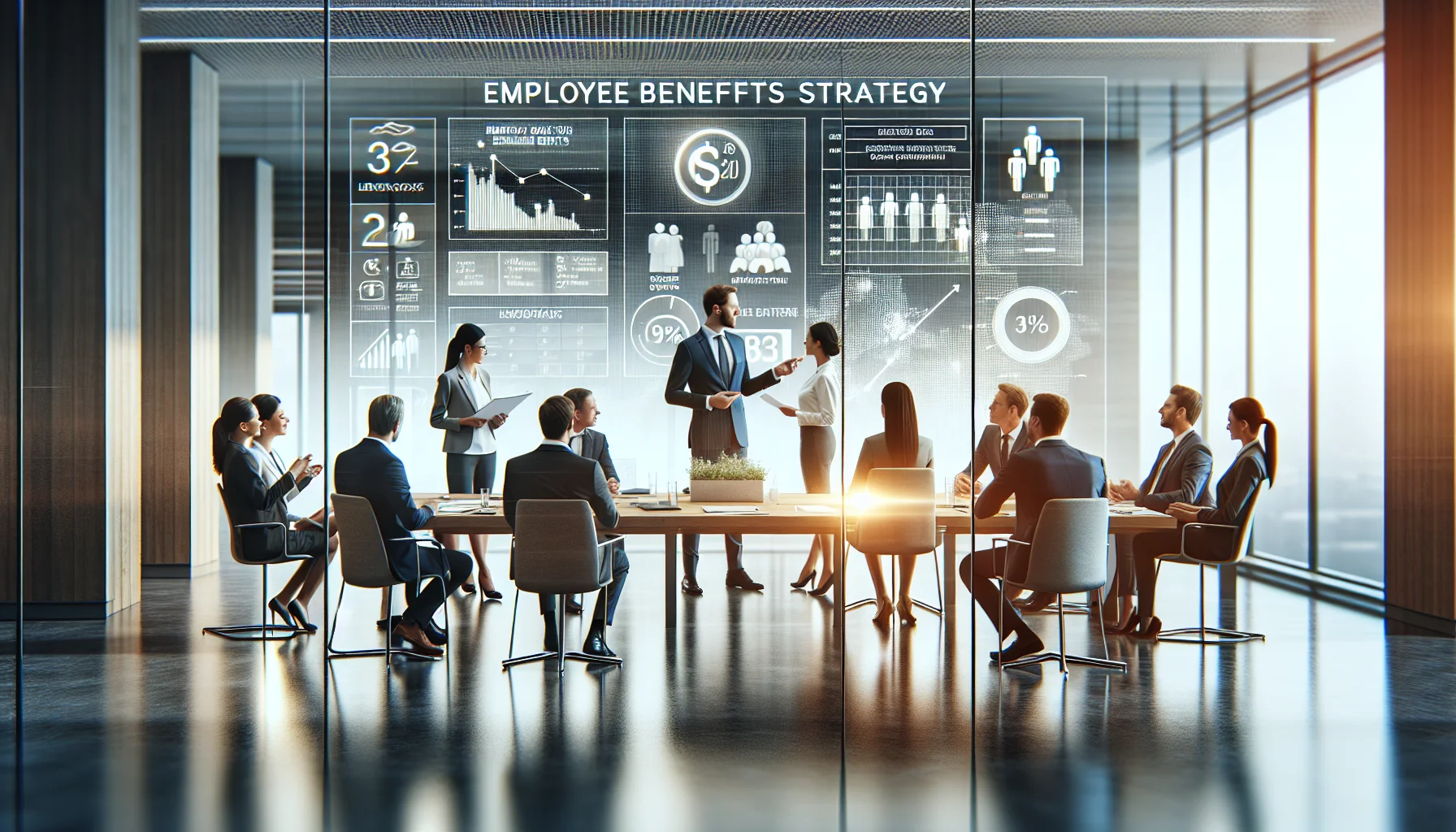 HR team reviewing employee benefits strategy and benchmarking data