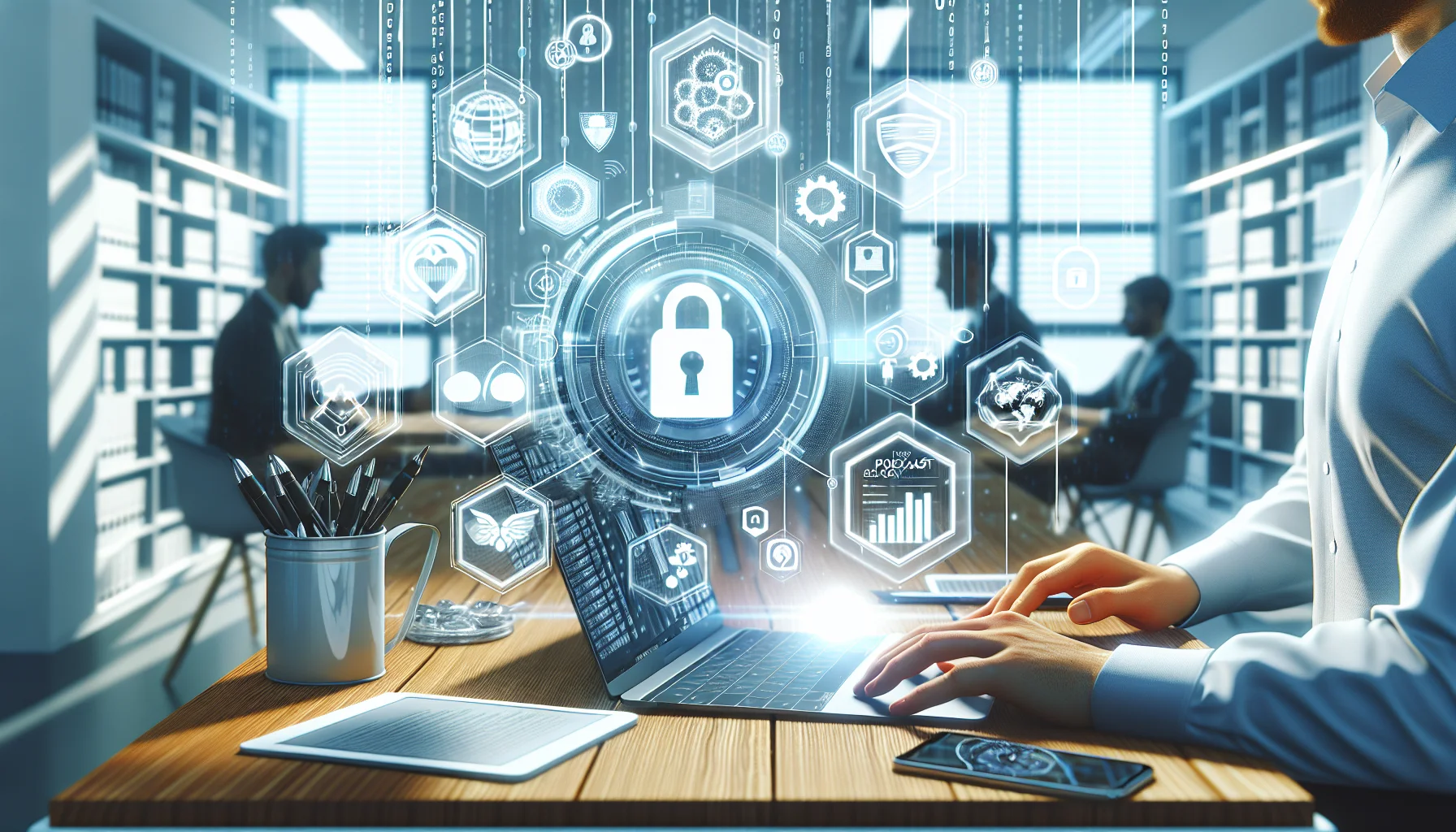 IT team reviewing corporate podcast security checklist on laptop