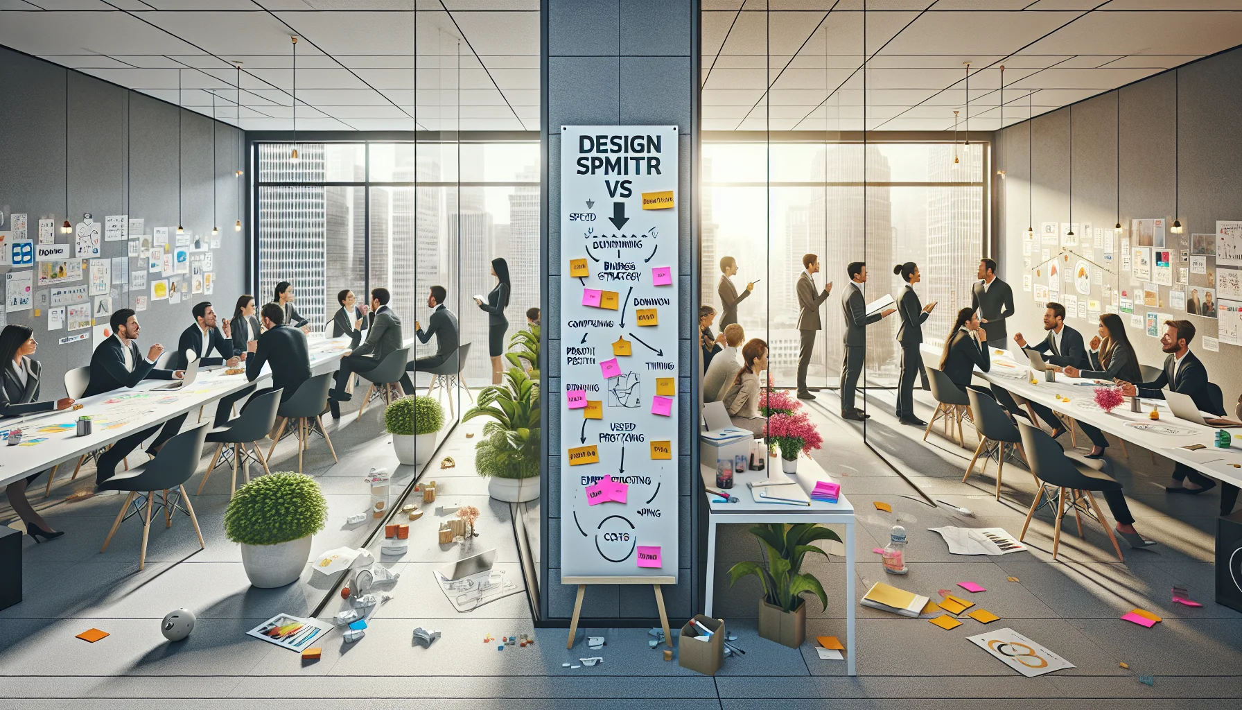 Product team workshop comparing design sprint vs design thinking