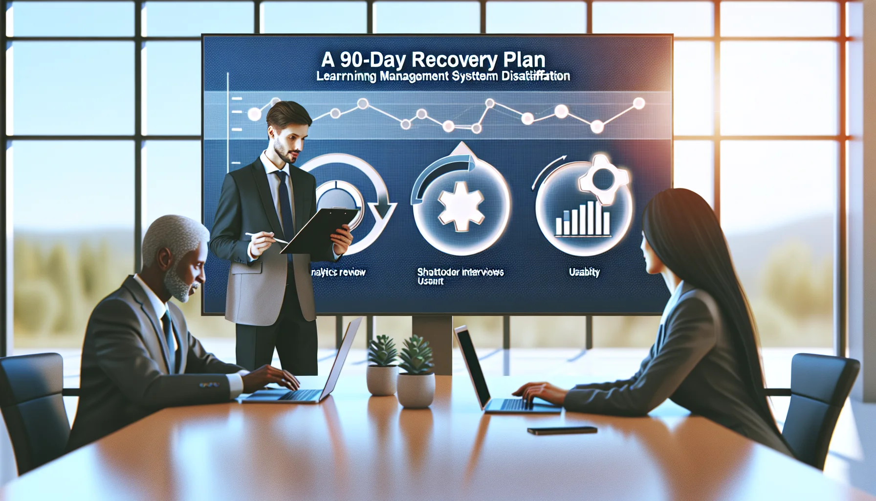 Team reviewing LMS dissatisfaction analytics and 90-day recovery plan