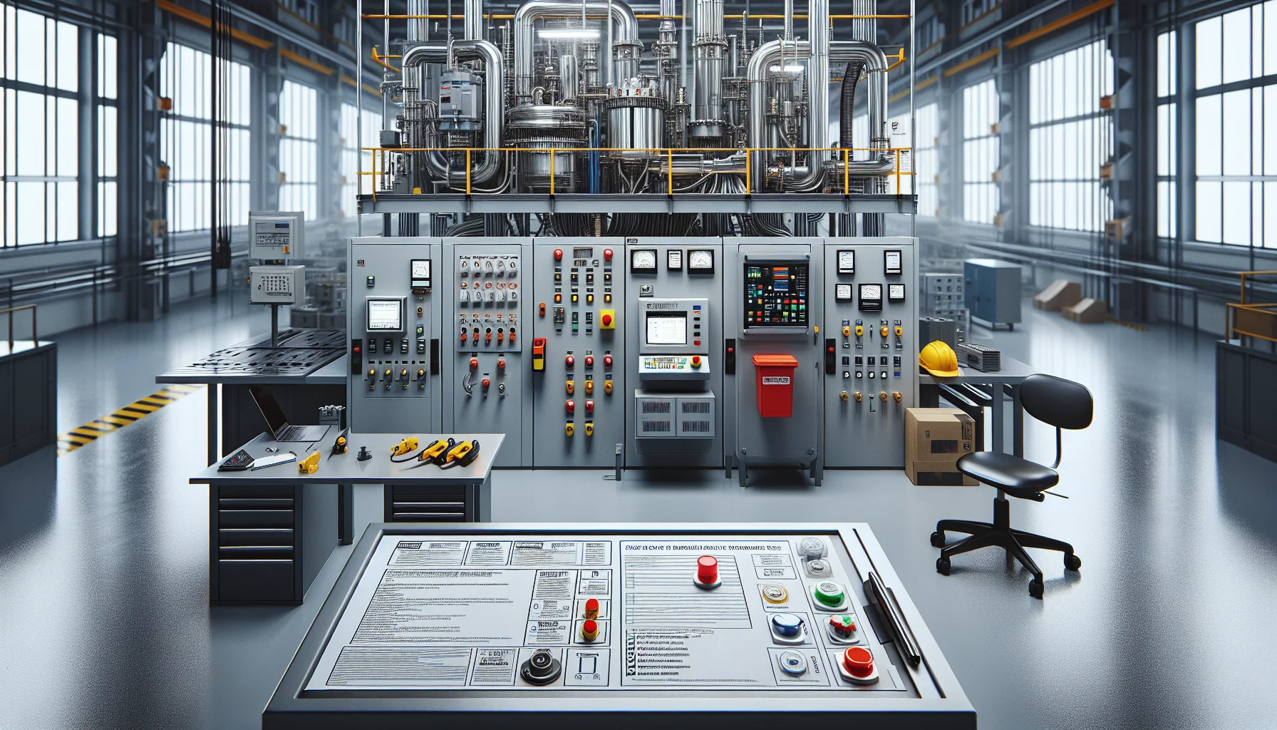 Technicians reviewing electrical safety OSHA checklist at panel
