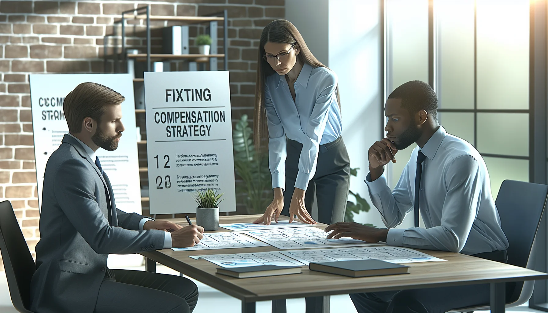 HR team reviewing compensation strategy problems and salary benchmarking data