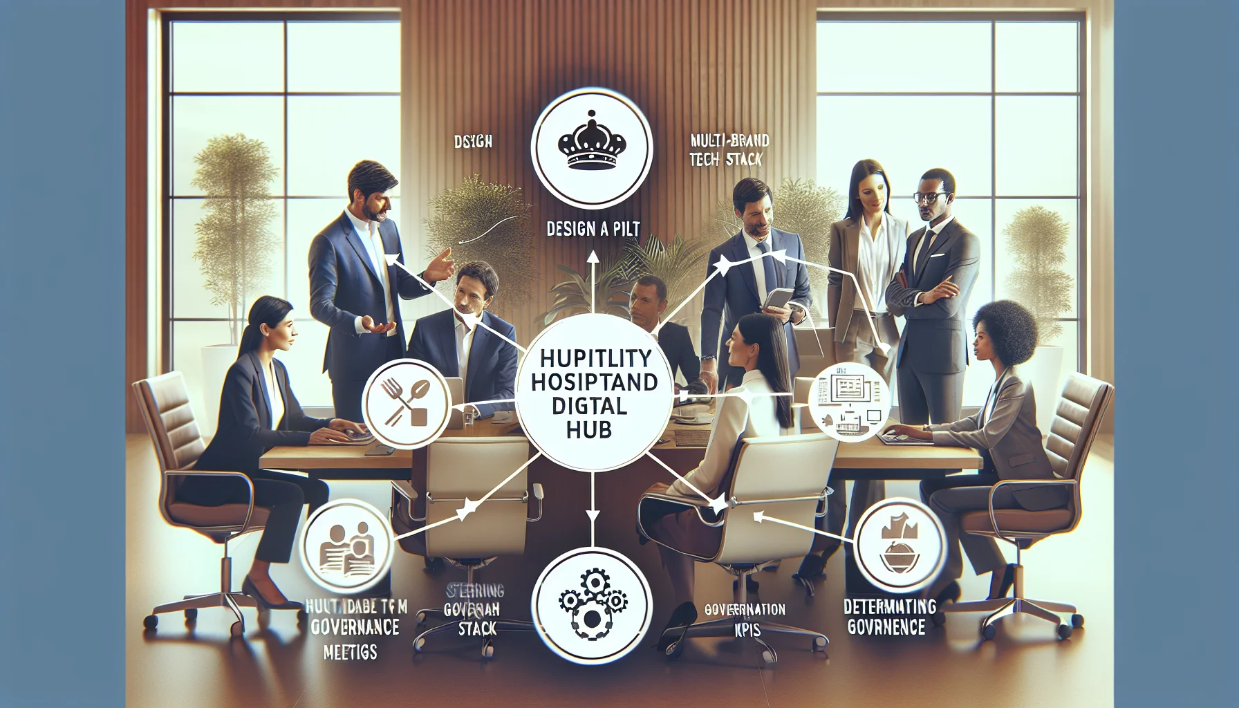 Hospitality digital hub architecture diagram with multi-brand labels