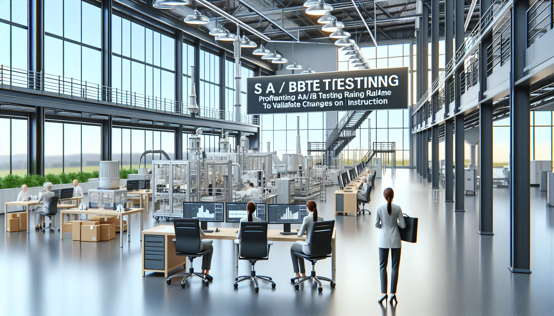 Manufacturing team reviewing A/B tests training real-time analytics dashboard