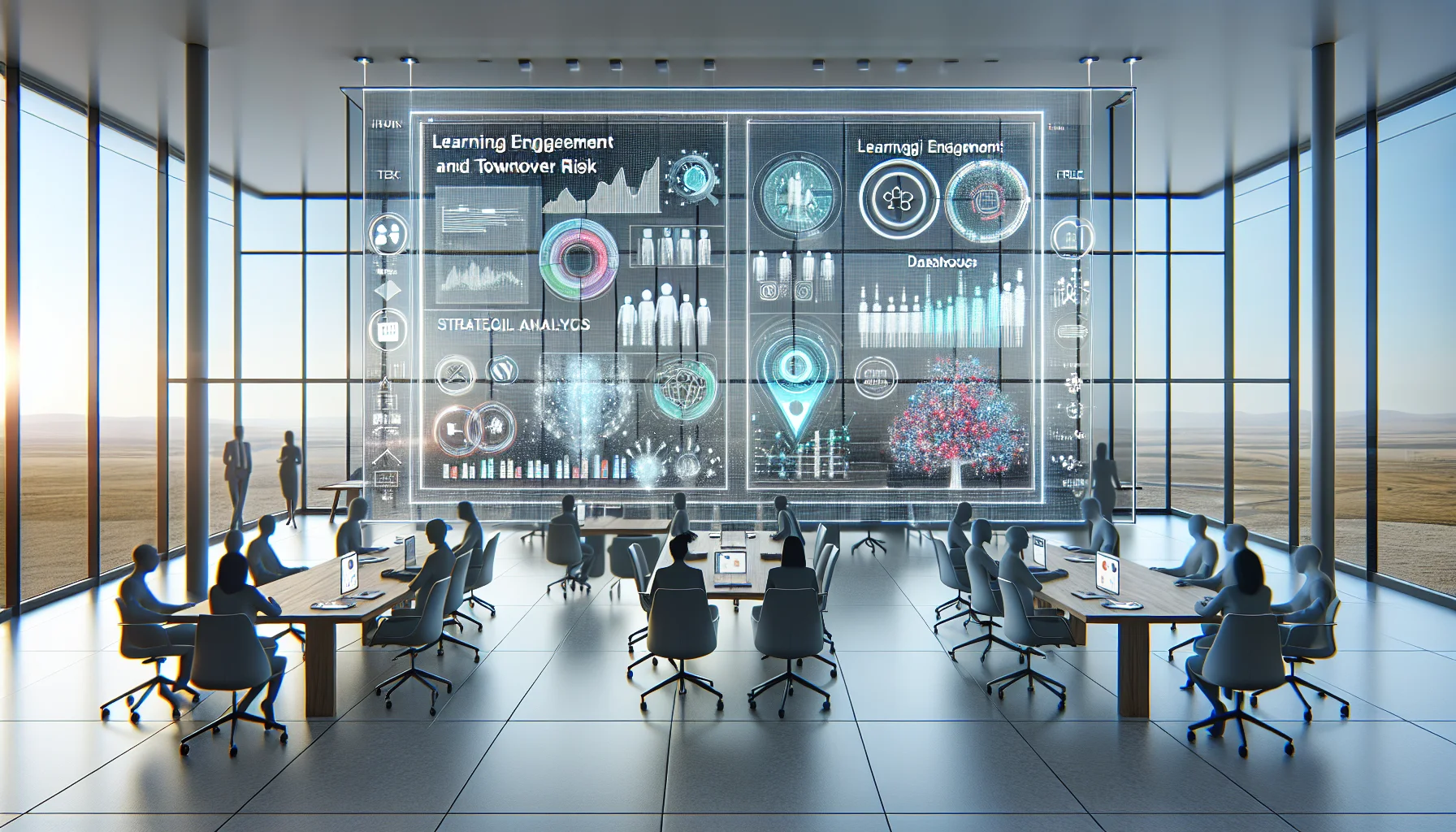 Executives viewing a learning engagement dashboard showing turnover risk