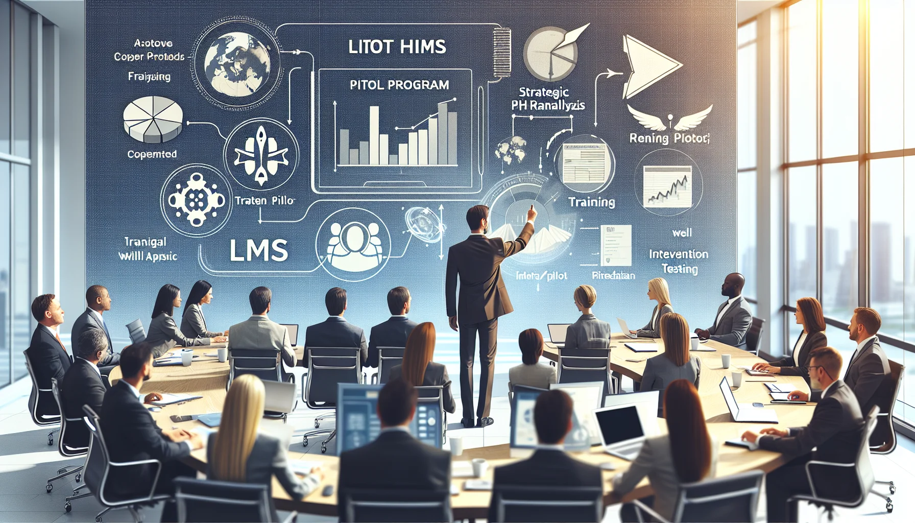Project team reviewing pilot program lms week-by-week schedule