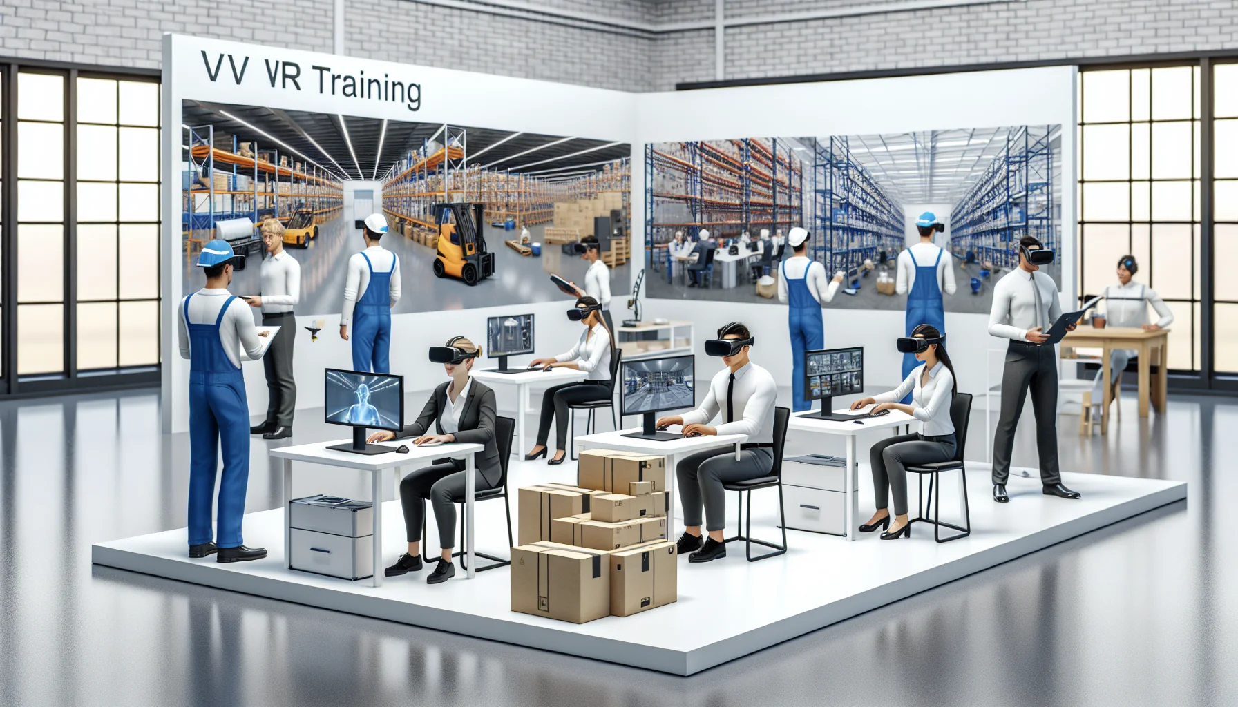 Team testing VR training case study headset in warehouse