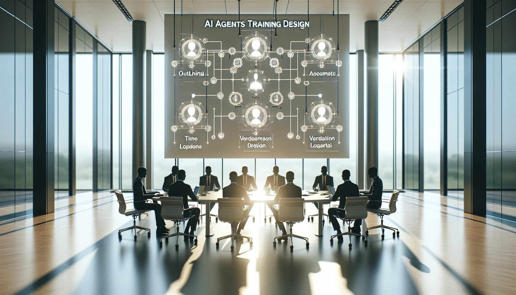 Learning team reviewing AI agents training design draft on laptop