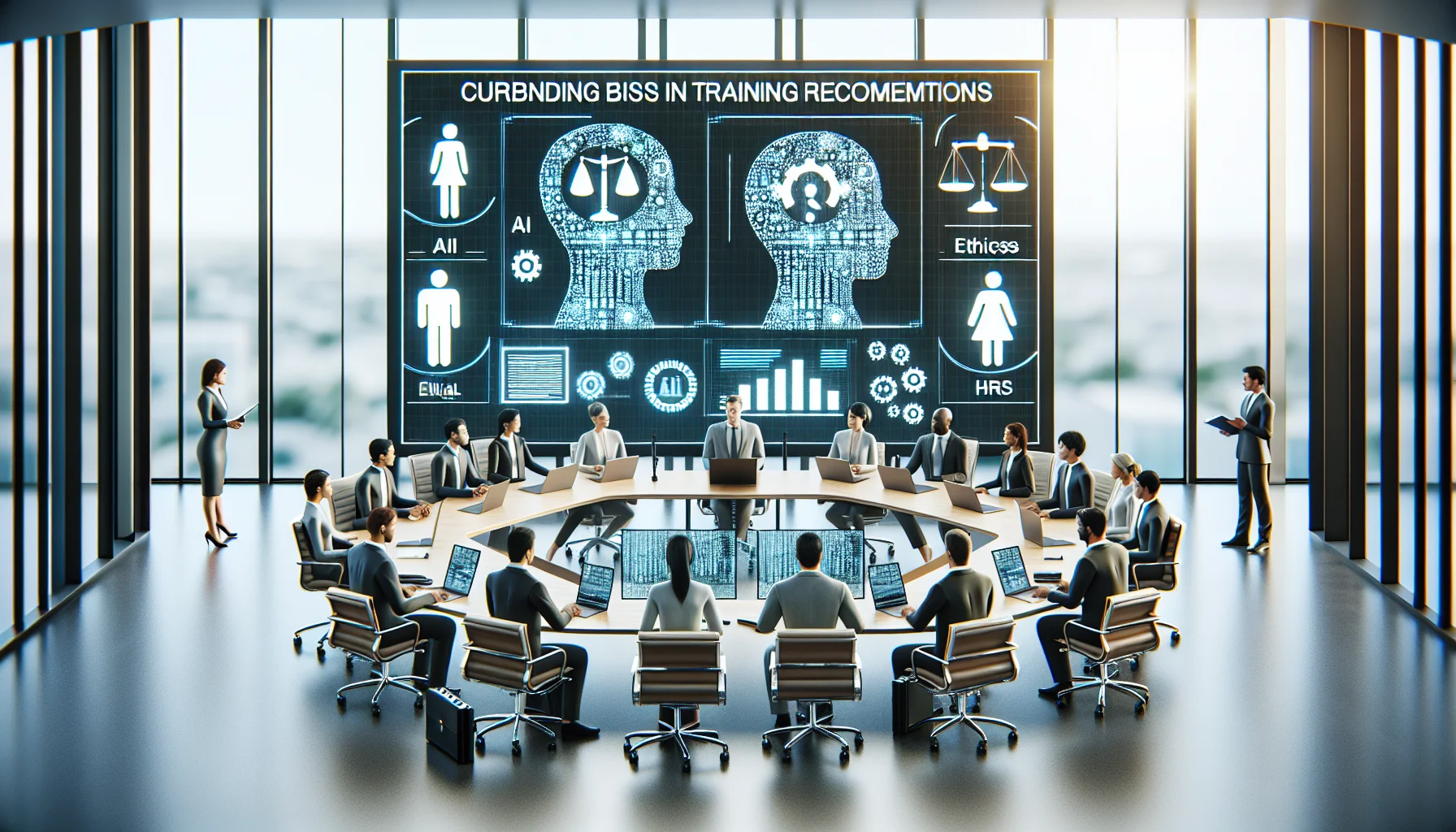 Project team planning mandatory training rollout on laptop screen