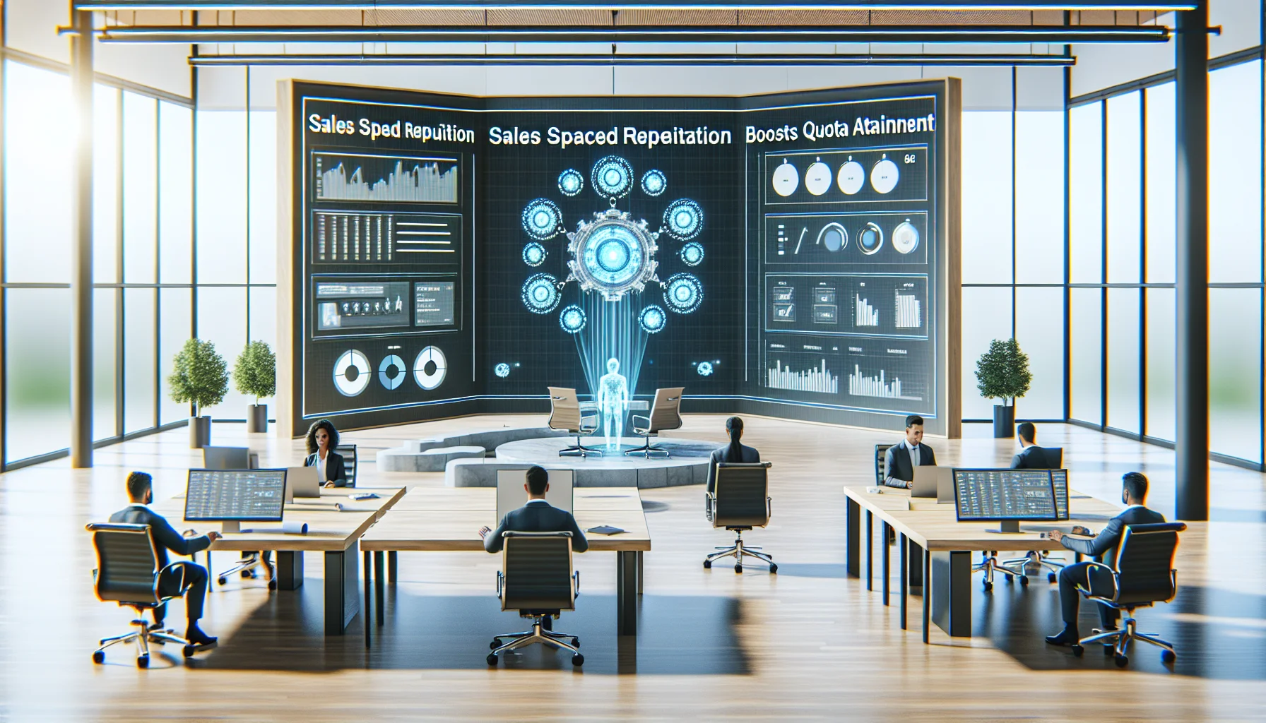 Team using AI for sales spaced repetition practice on laptop