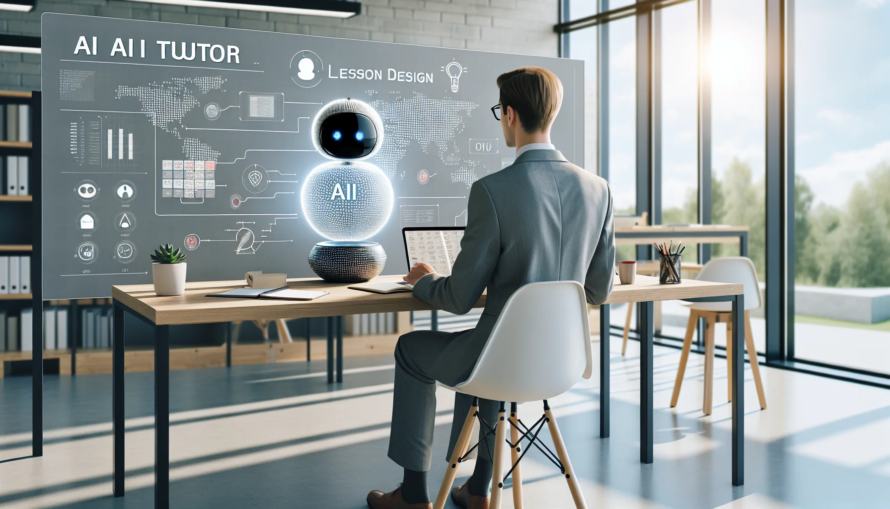 Teacher reviewing AI tutor lesson design dashboard on laptop
