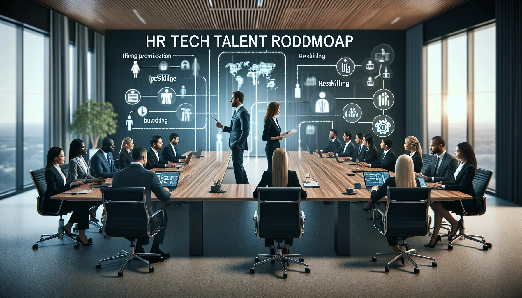 HR team reviewing HR tech talent roadmap and skills matrix