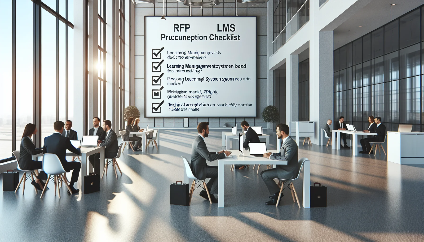 Team reviewing LMS procurement checklist and RFP documents