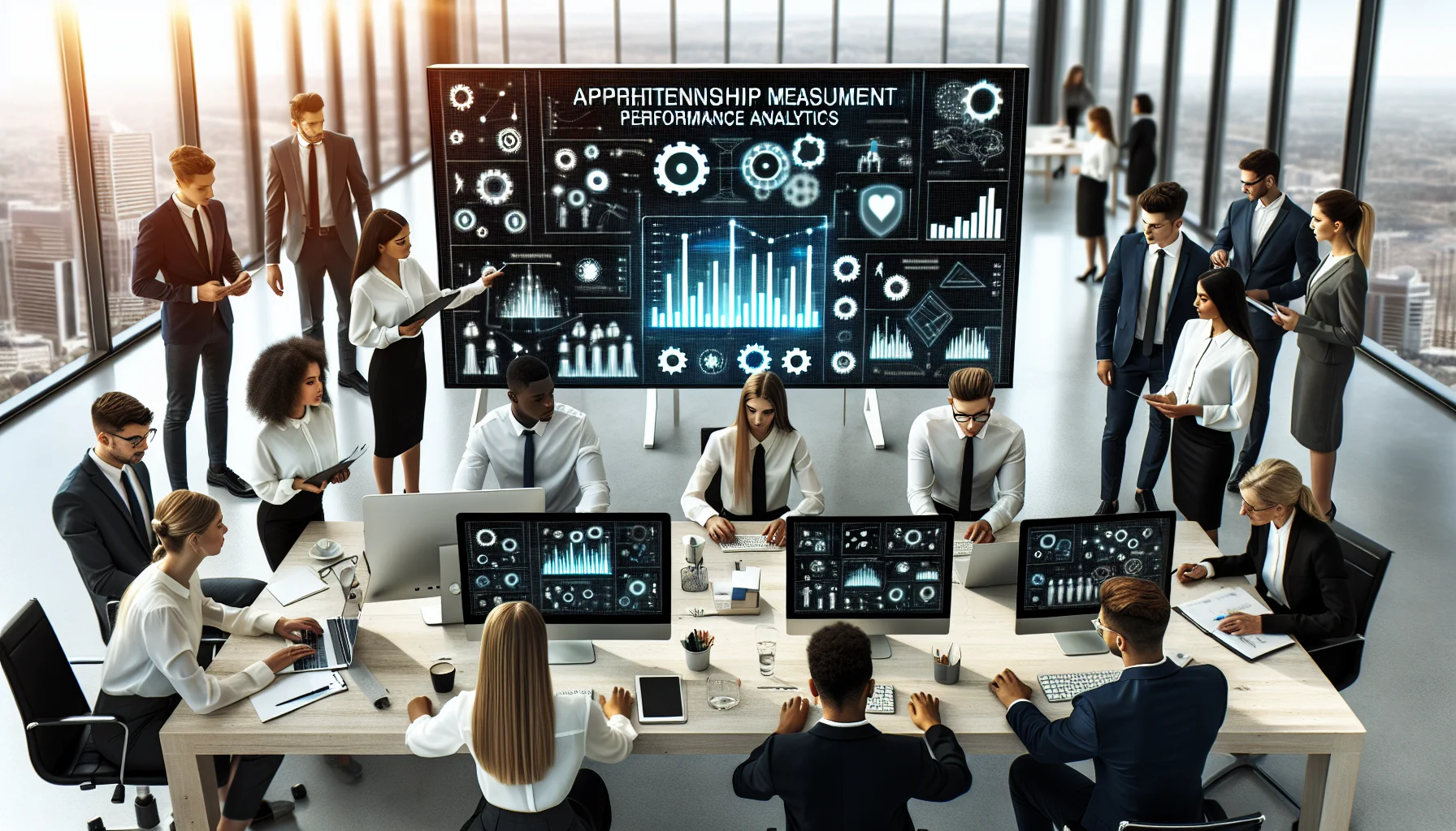 Supervisors viewing apprenticeship measurement dashboard with performance analytics