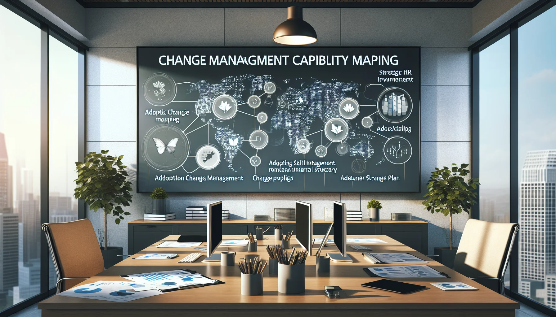 Team reviewing change management capability mapping dashboard on laptop