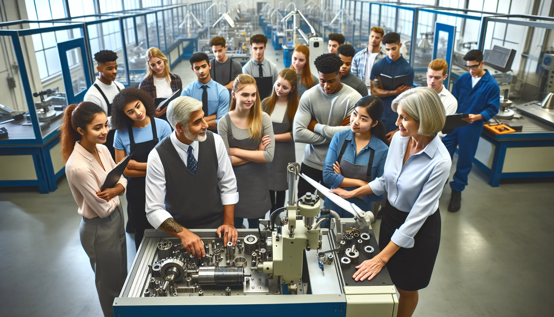 Community colleges instructors review manufacturing analytics dashboard on laptop