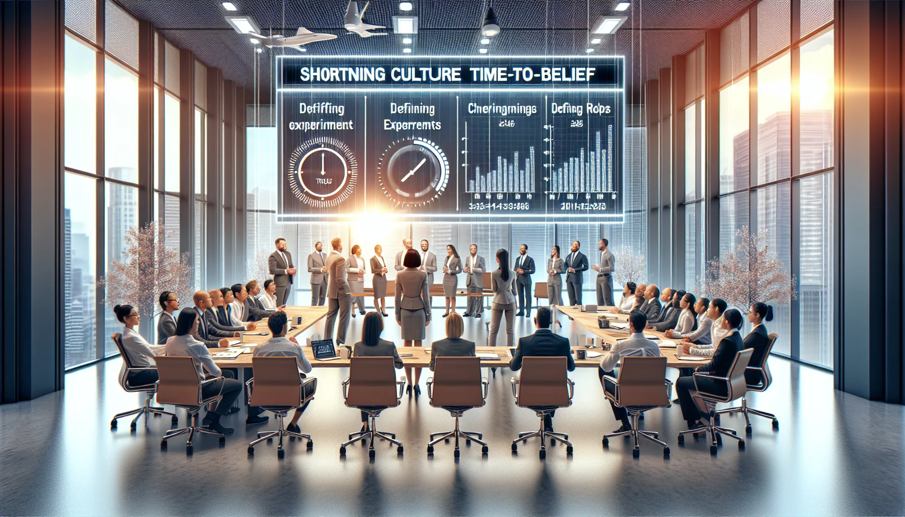 Team meeting about company culture time-to-belief metrics dashboard analysis