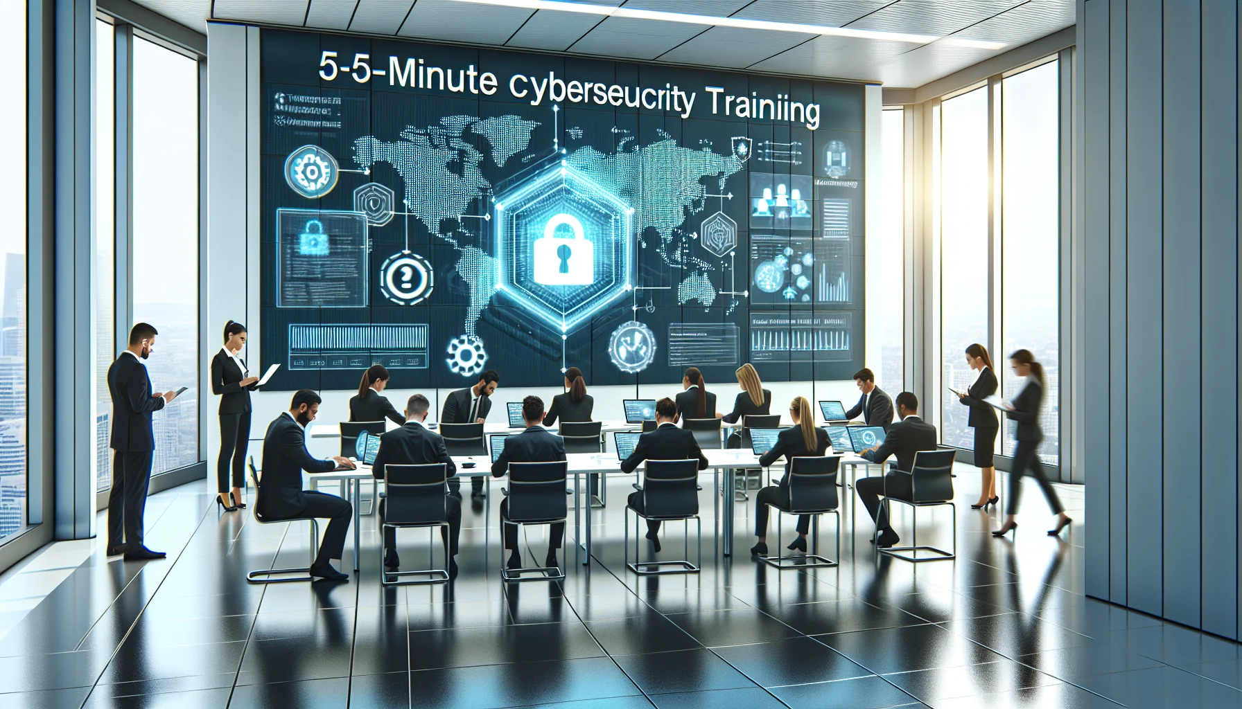 Team learning cybersecurity training employees with 5-minute module