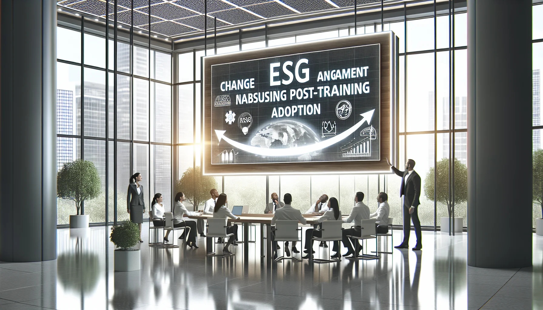 Team reviewing ESG change management 90-day plan on screen