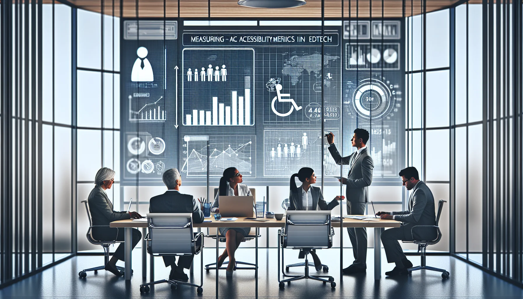 Executives reviewing accessibility ROI metrics dashboard on laptop screen