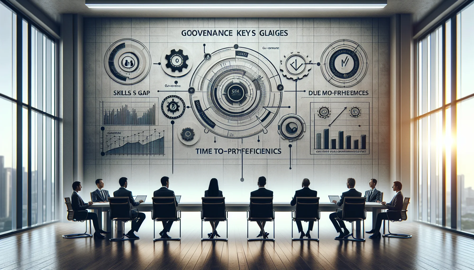 Executives reviewing governance KPIs dashboard for analytics oversight