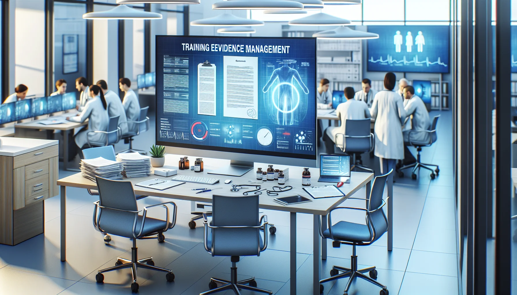 Healthcare team reviewing training evidence management dashboard on laptop screen