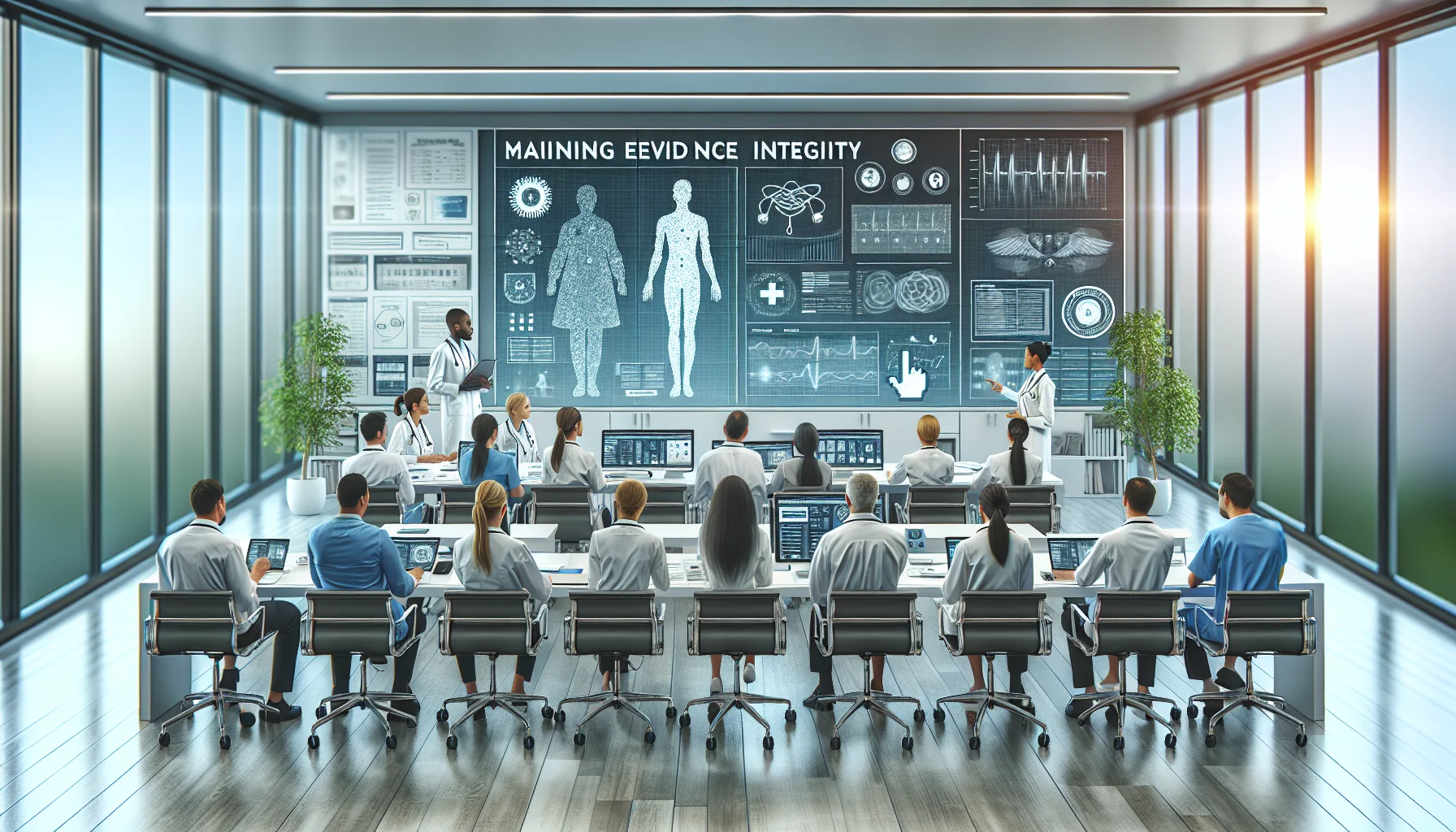 Healthcare team reviewing training evidence integrity on laptop screen