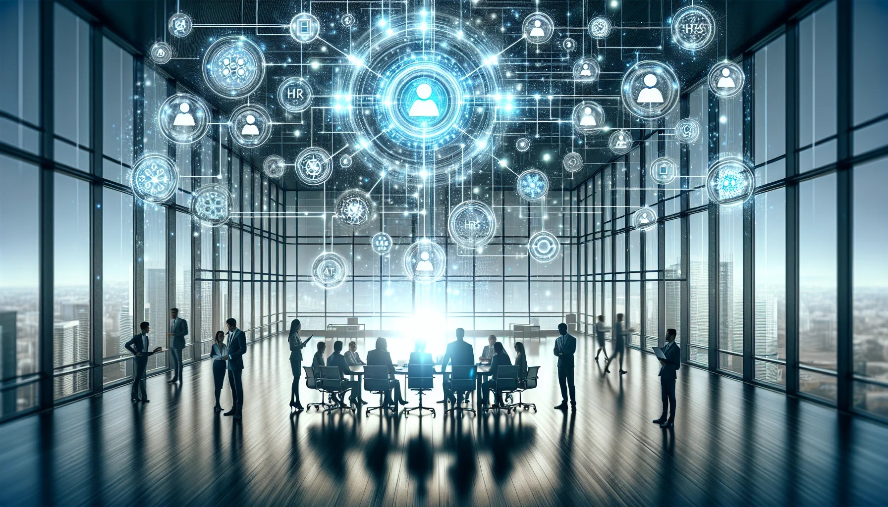 HR team reviewing HR blockchain integration architecture diagrams