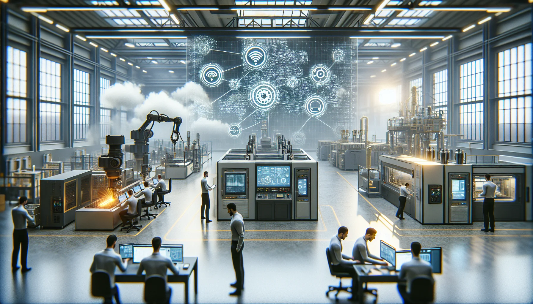 Manufacturing team reviewing IIoT data dashboard for training