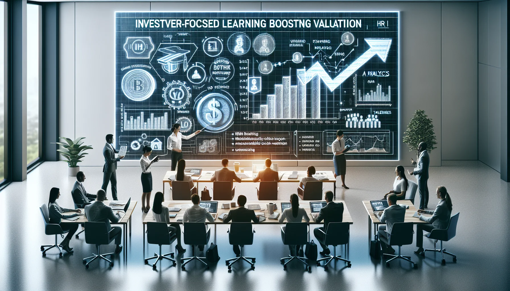 Team reviewing investor-focused learning KPI dashboard on laptop