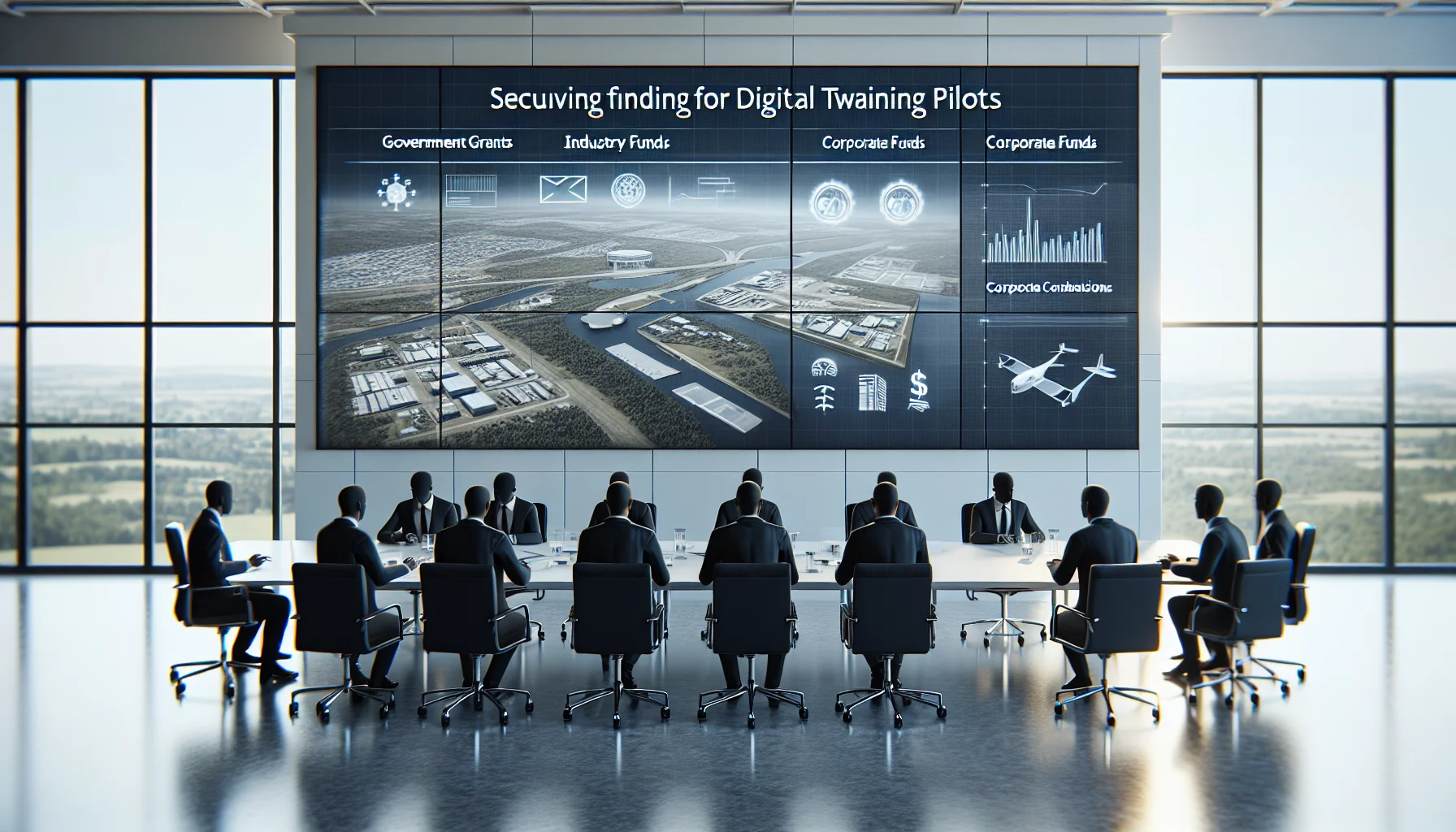 Decision-makers reviewing funding digital twin training options on tablet