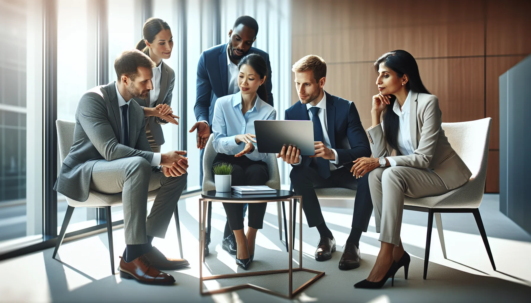 Leaders discussing leadership communications digital during town-hall meeting