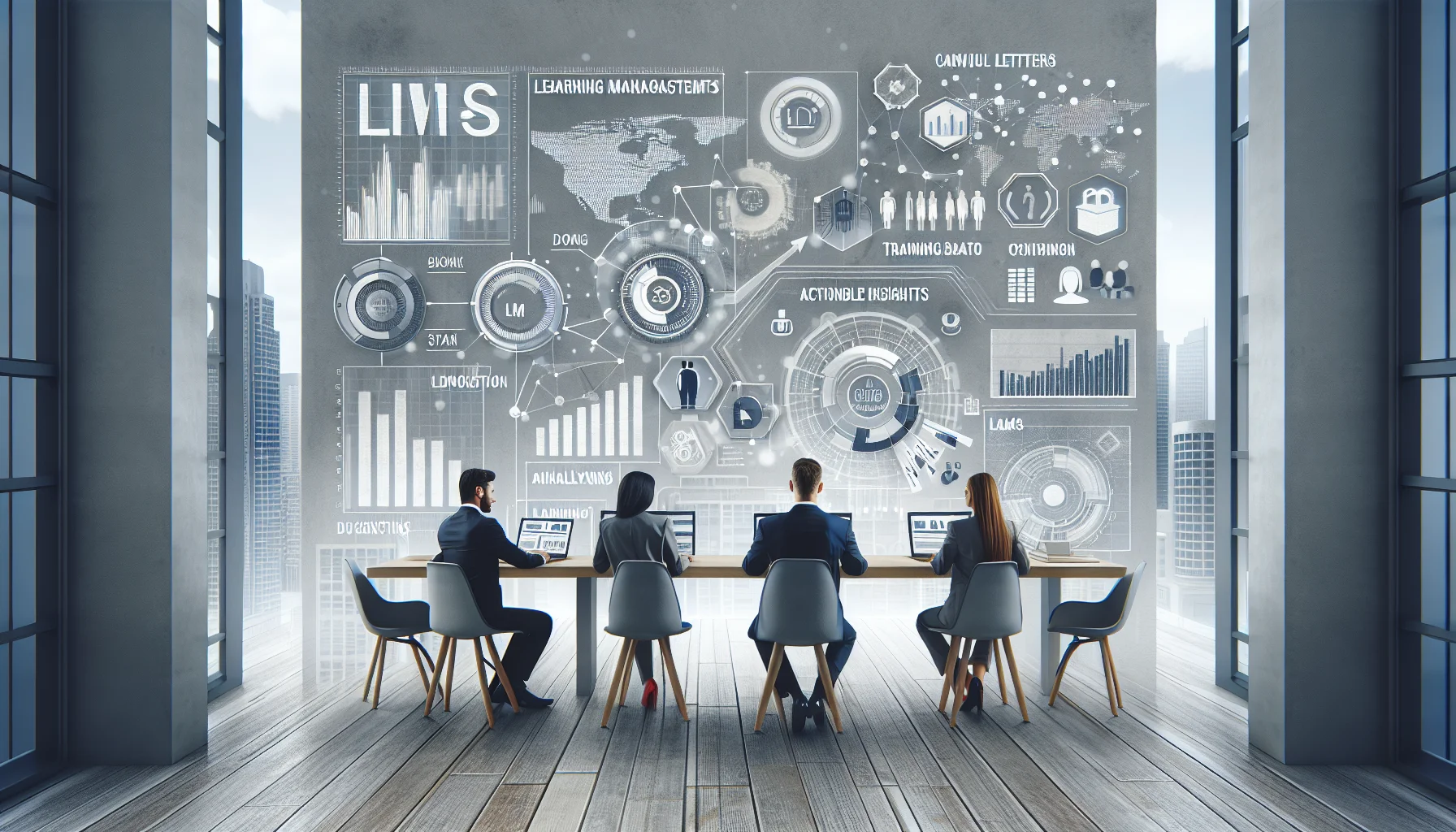 Team reviewing LMS analytics dashboard for talent development