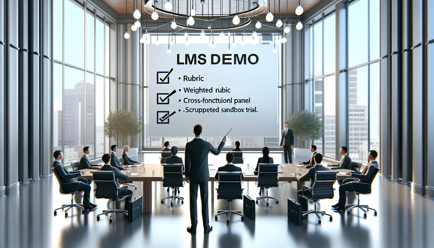 Team using LMS demo evaluation checklist during vendor demo