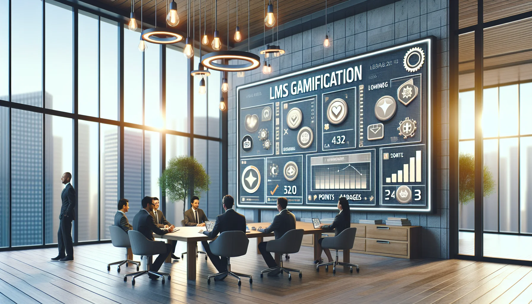L&D team reviewing LMS gamification dashboard and progress bars