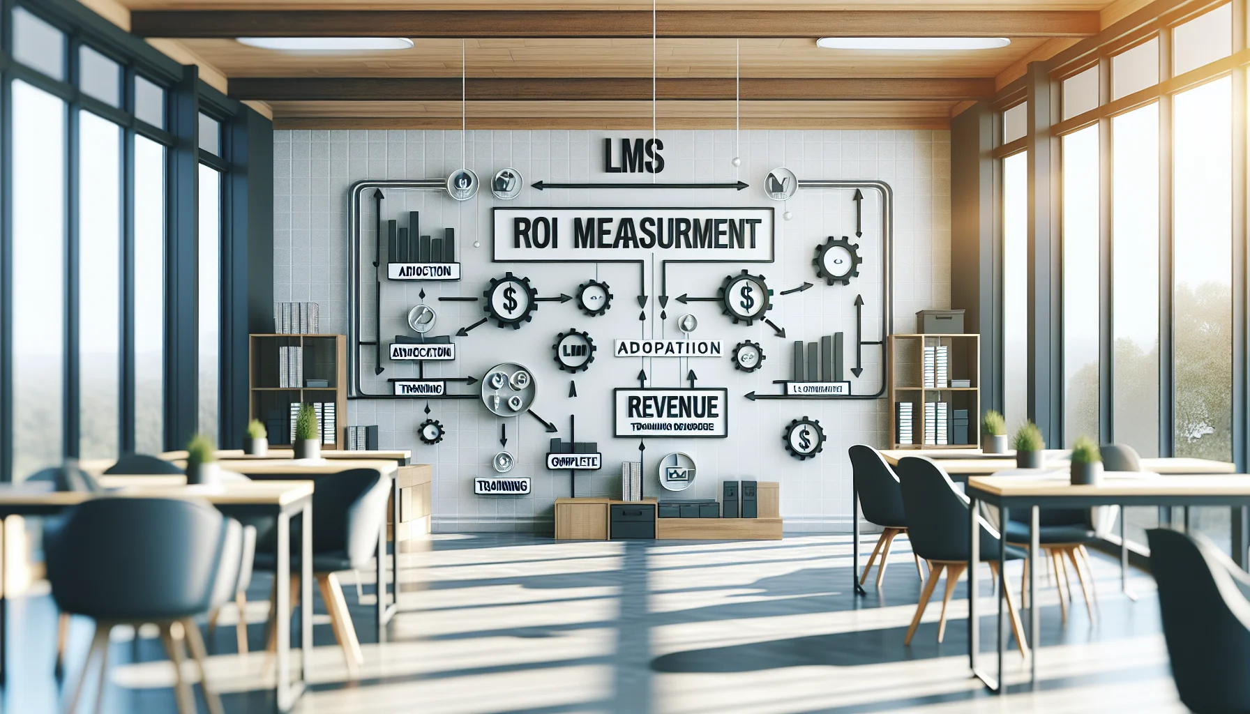 Team reviewing LMS ROI measurement dashboard and revenue charts