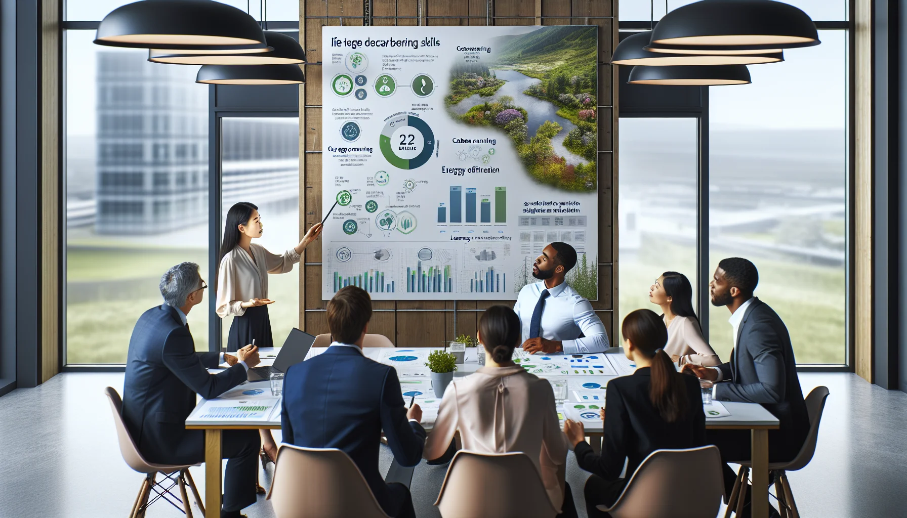 Technical team reviewing net-zero skills and carbon data dashboard