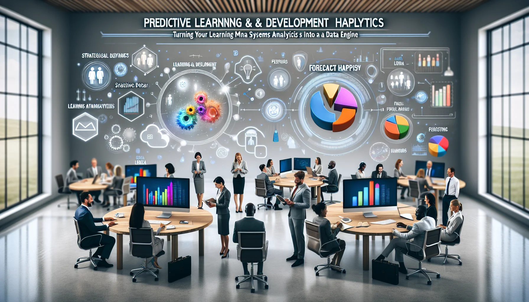 Team reviewing predictive L&D analytics dashboard to forecast happiness