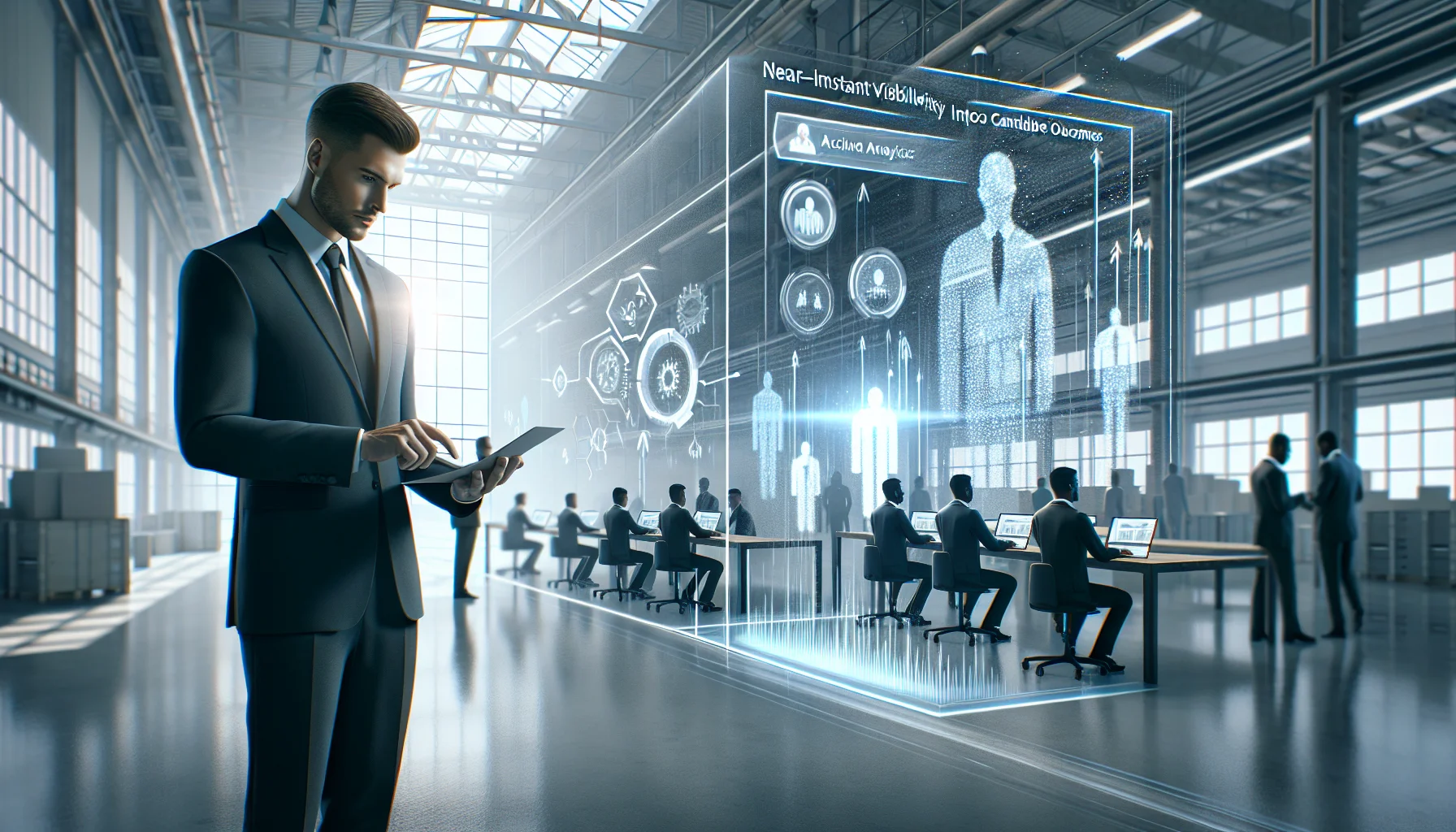 Manufacturing team reviewing real-time analytics for inclusive hiring