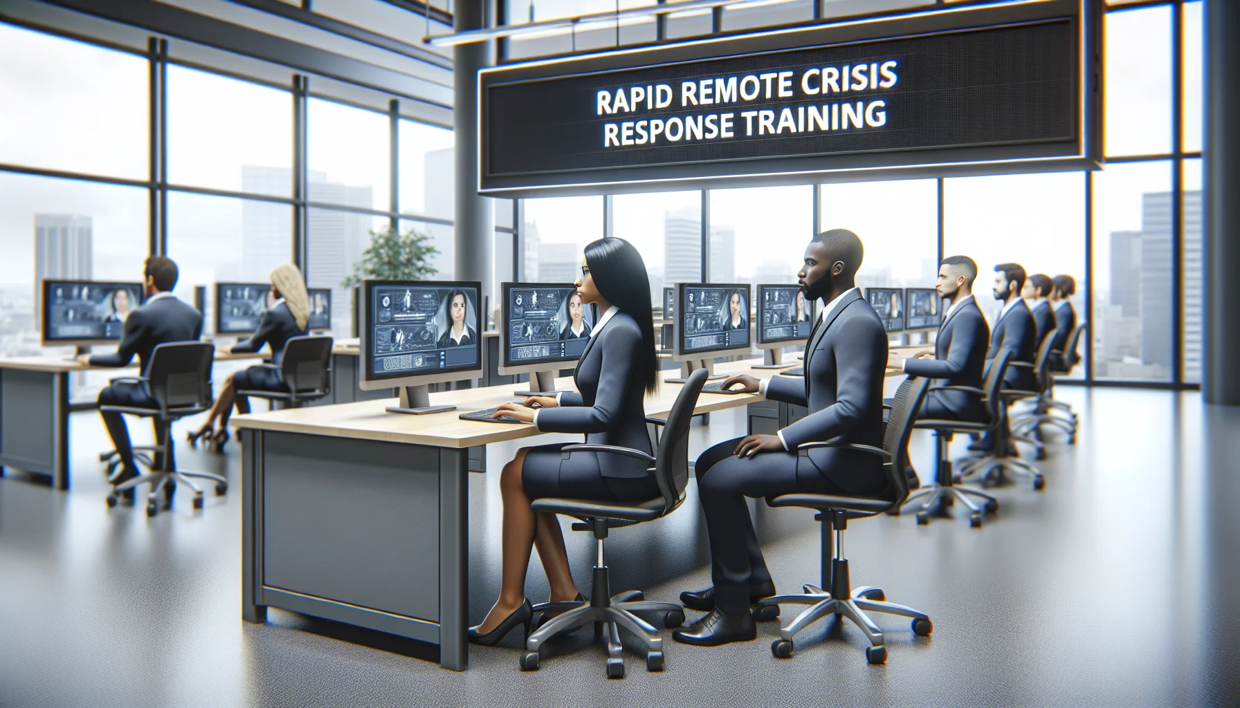 Distributed team practicing remote crisis response training on laptops