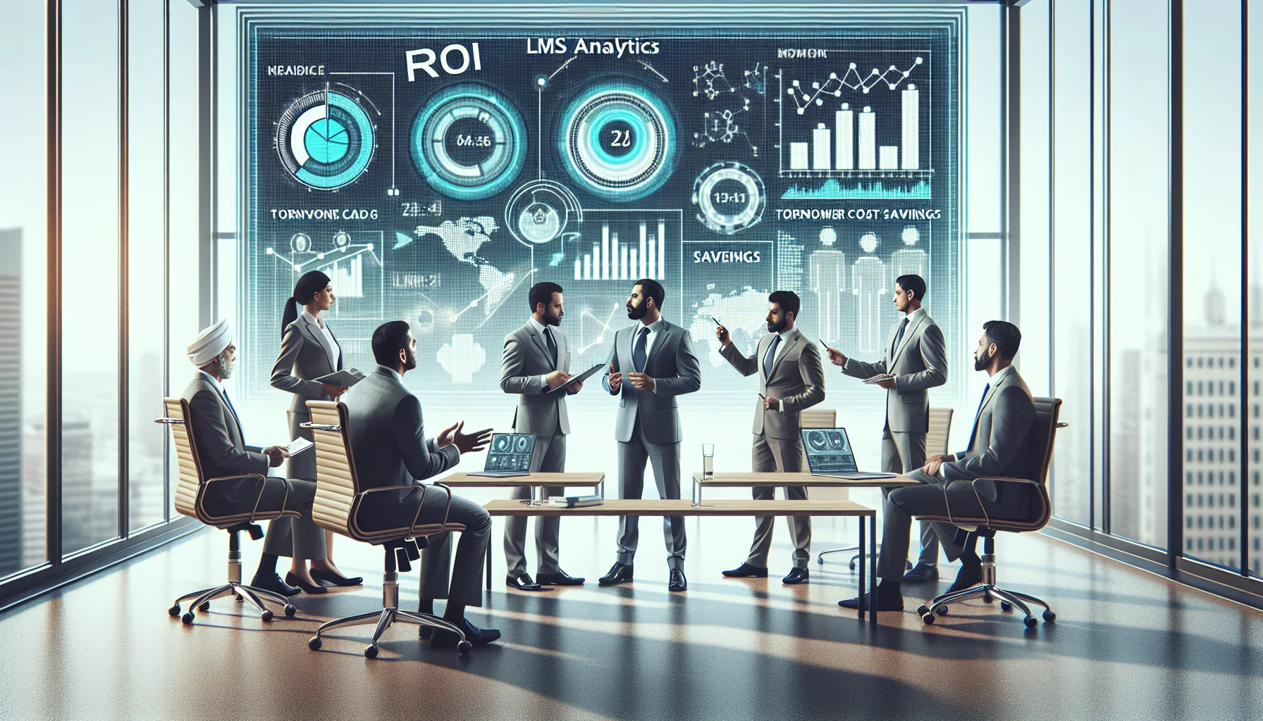 Team reviewing ROI LMS analytics dashboard and turnover cost figures