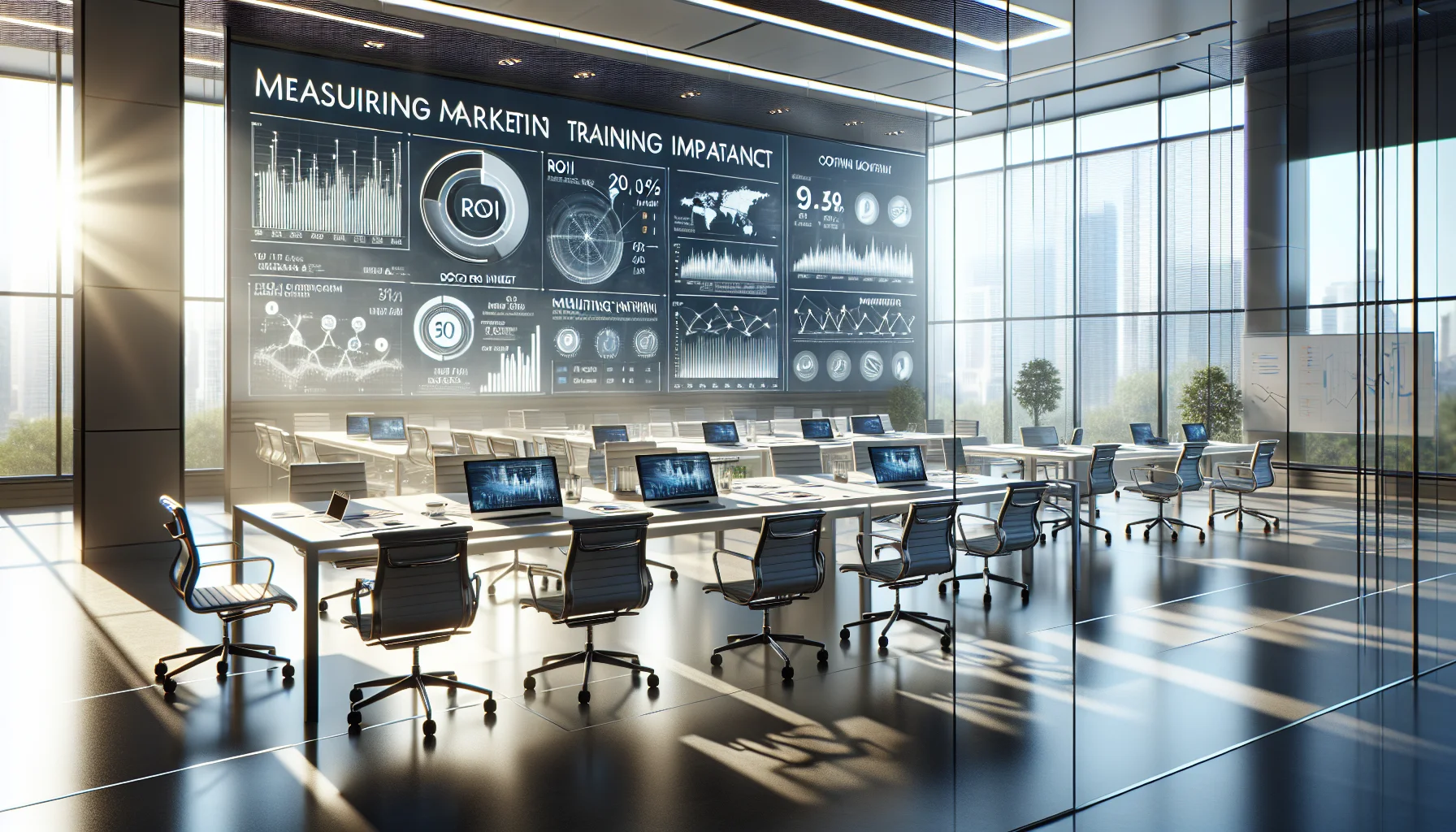 Marketing team reviewing ROI marketing training metrics dashboard