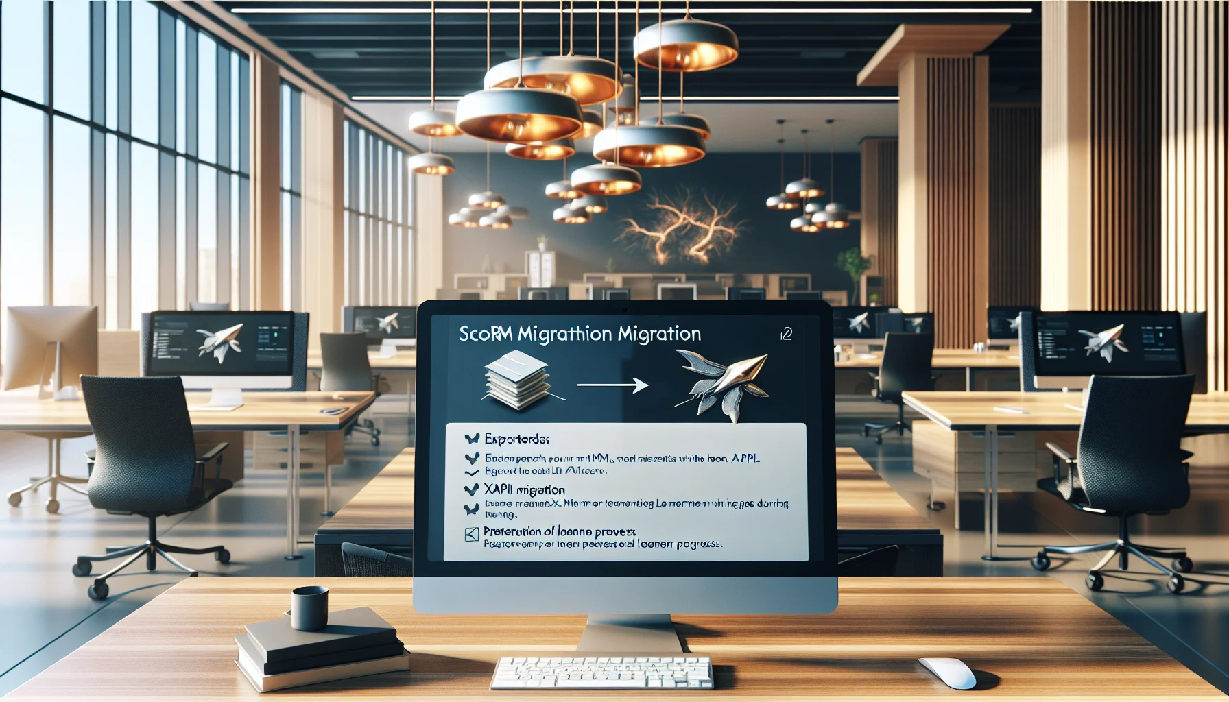 Engineer reviewing SCORM migration checklist on laptop screen