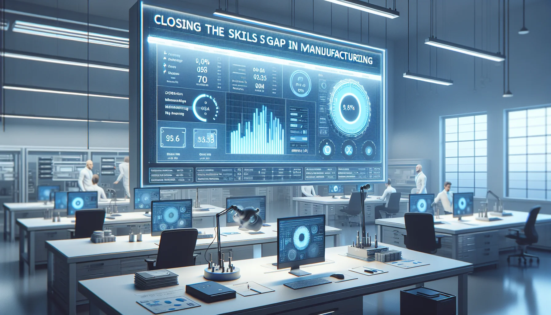 Factory team reviewing skills gap metrics on real-time dashboard
