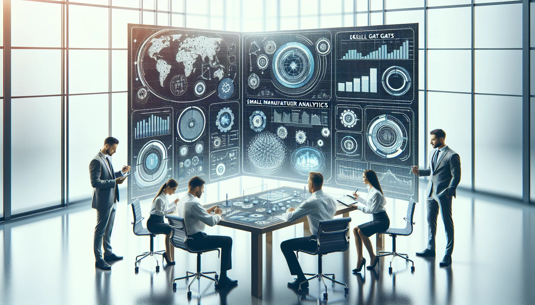 Shop floor team reviewing small manufacturer analytics dashboard